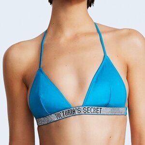 Victoria Secret Swim Shine Strap Triangle Bikini Top Size SMALL Logo Bling Blue